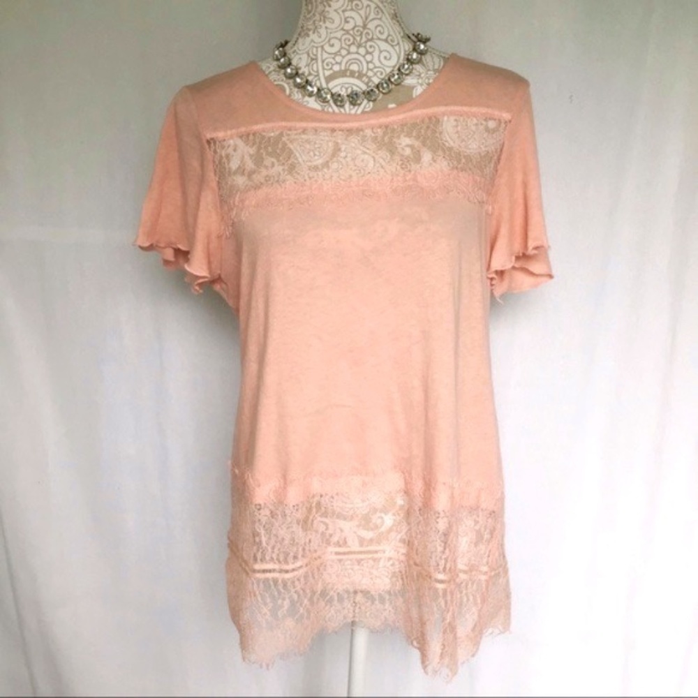Deletta // Light Pink Lace Hem Tunic Top Size small z26
